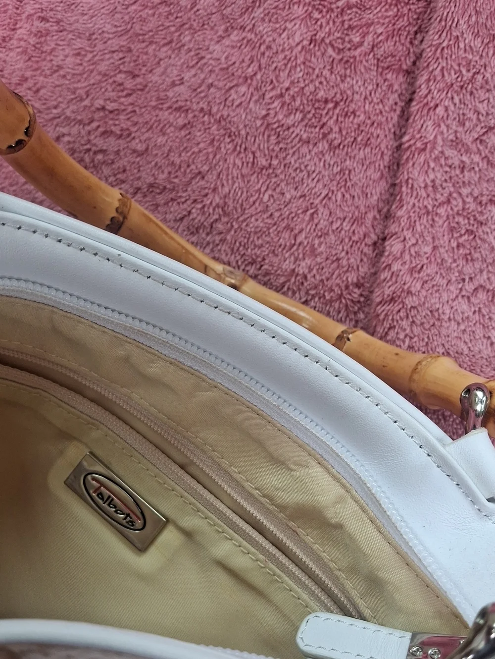Talbots White Leather Trim Purse with Bamboo-Style Handles